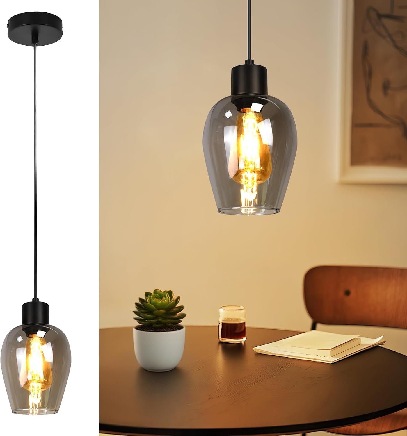 Detalle de Lichtmaler ZMY-1270110YH – czarna lampa wisząca E27, metal i dymione szkło