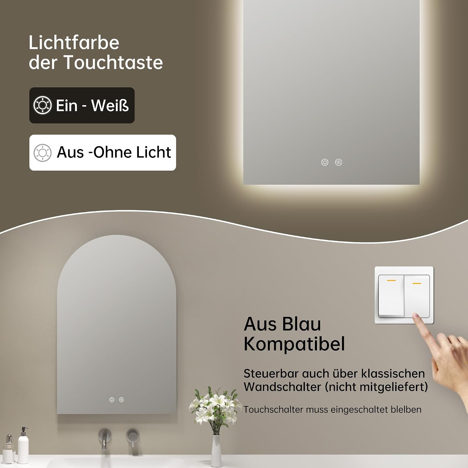 Thumbnail 6 de OUMUSU Badspiegel mit Beleuchtung Bogen 50x75 cm – rahmenlos, beschlagfrei per Heizung & Touch, dimmbar