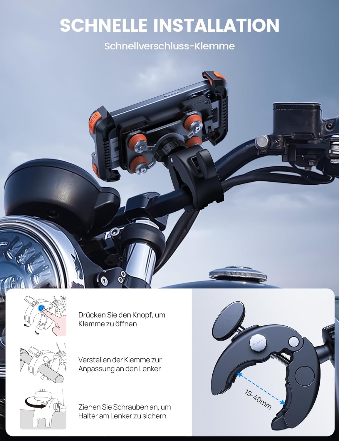 Thumbnail 5 de Lamicall Motorrad Handyhalterung 2025 mit doppelter Vibrationsdämpfung – 360° am Lenker, für Smartphones 4,7–6,8