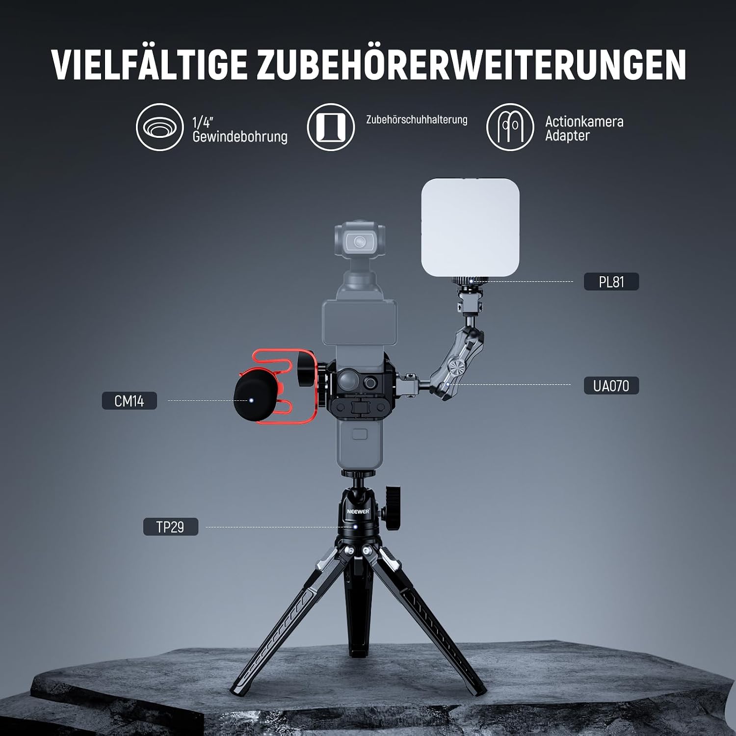 Detalle de NEEWER Pocket 3 Käfig Gimbal Videoaufzeichnung – Aluminium-Adapter für DJI Osmo Pocket 3 (Creator Combo AC009 kompatibel)