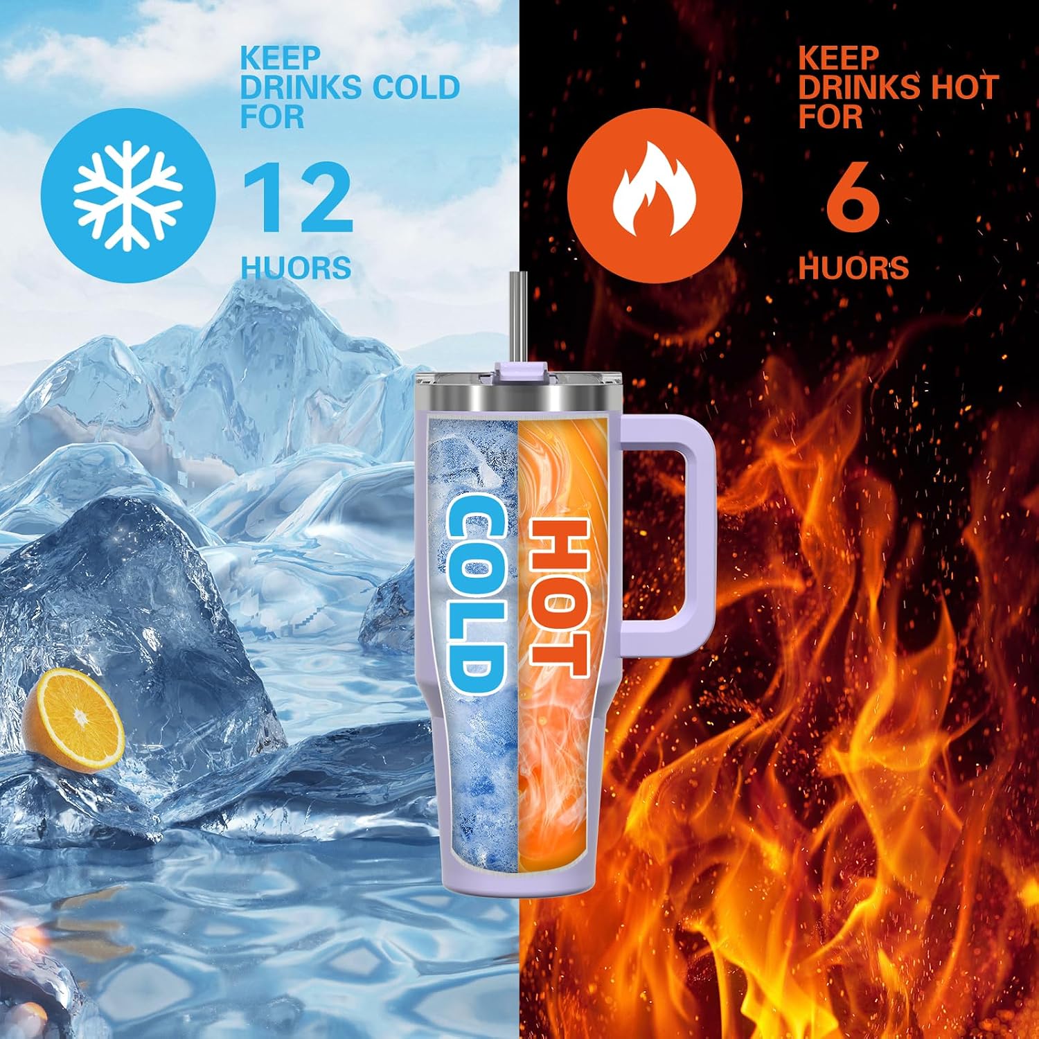 Detalle 2 de WATERSY 20oz Thermobecher to Go mit doppelwandigem Edelstahl, Griff & Strohhalm – lila
