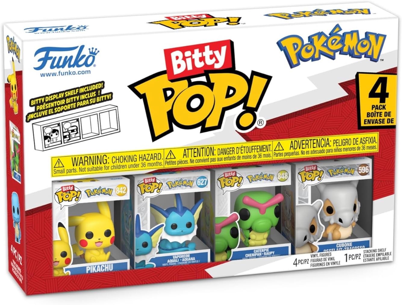 Detalle de Funko Bitty Pop! Pokémon Pikachu – Vaporeon – Caterpie – Cubone, pack de 4 (2,2 cm) avec étagère d’exposition empilable