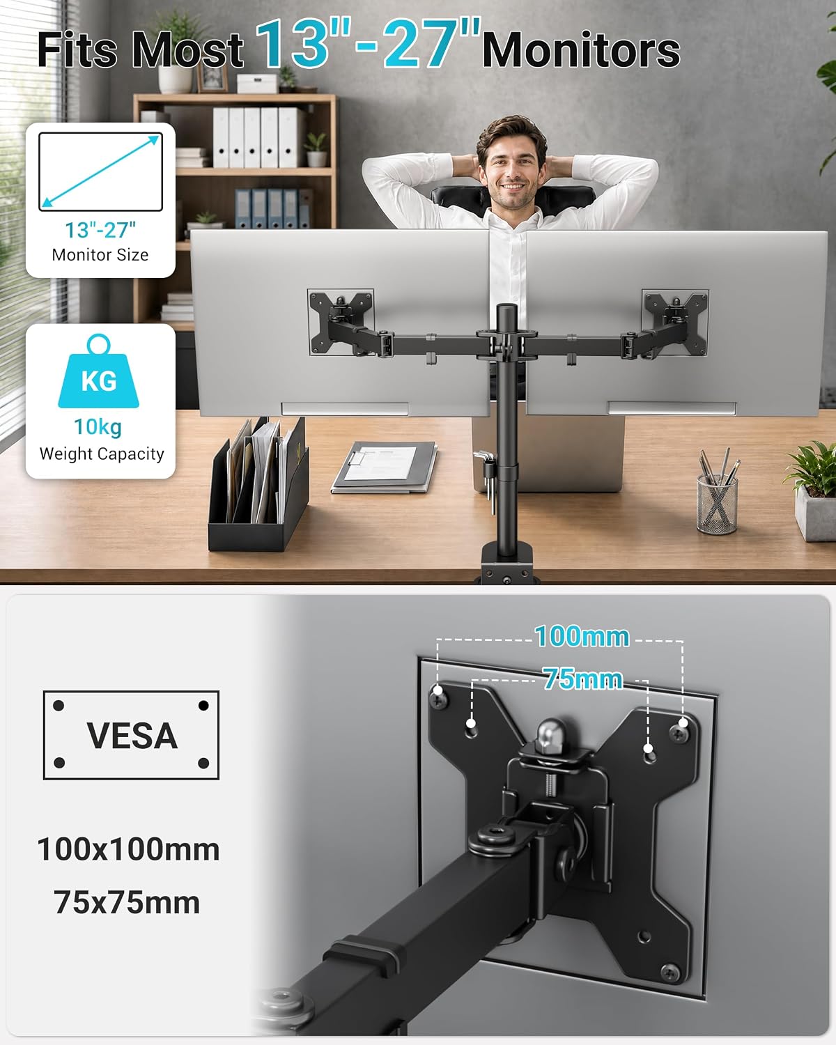 Detalle 2 de BONTEC MDM 002 dubbele monitorarm voor 13–27 inch, verstelbaar tot 430 mm