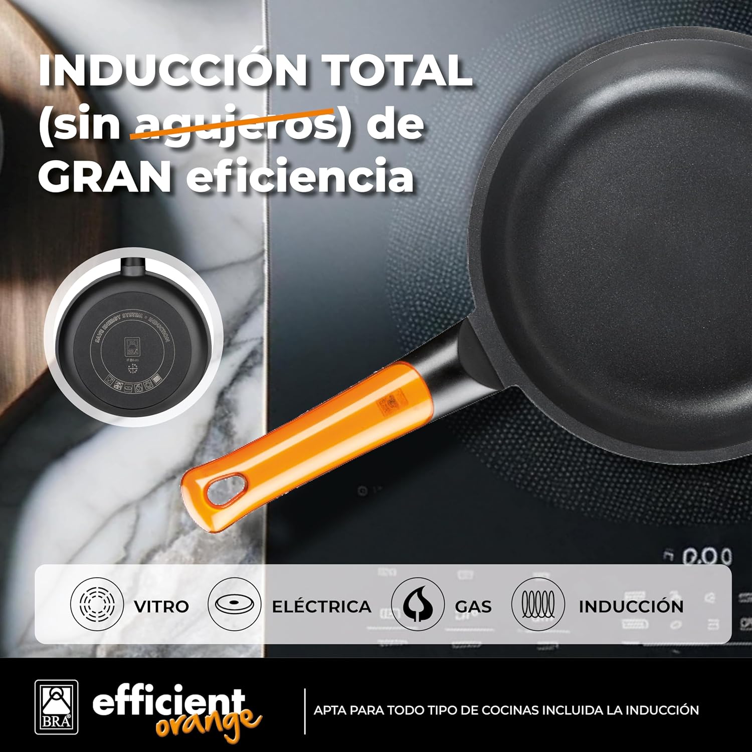 Detalle 2 de BRA Efficient Orange Sartenes 3 unidades 18/22/26 cm