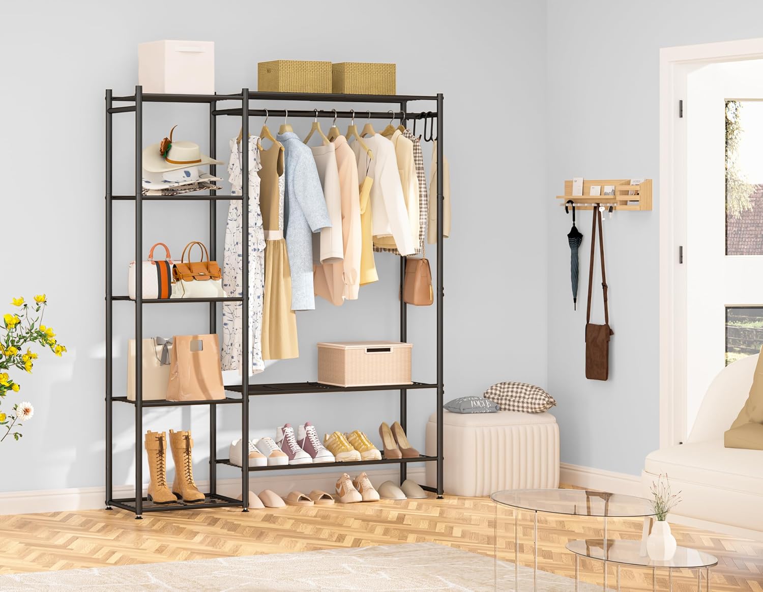 Detalle de Neprock free-standing clothes rail with hanging bar, 4 shelves and hooks (black)
