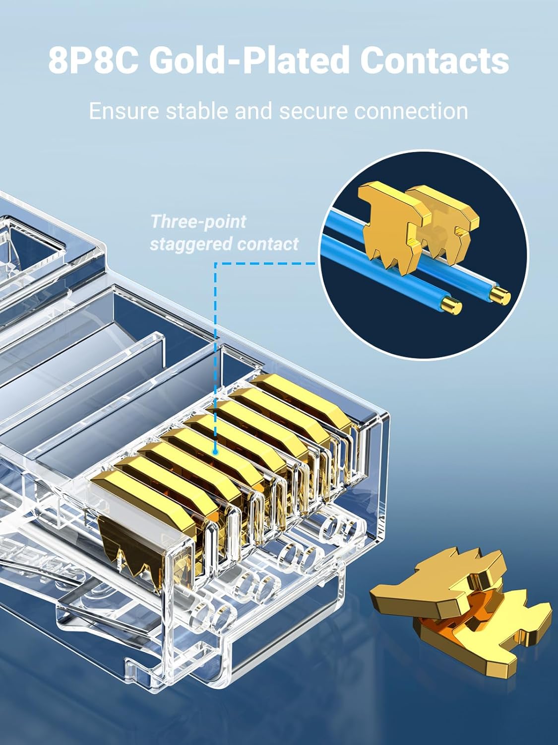 Detalle de UGREEN RJ45 Connector (50-pack) Gold-Plated Modular RJ45 Plugs for Cat5/Cat5e Ethernet