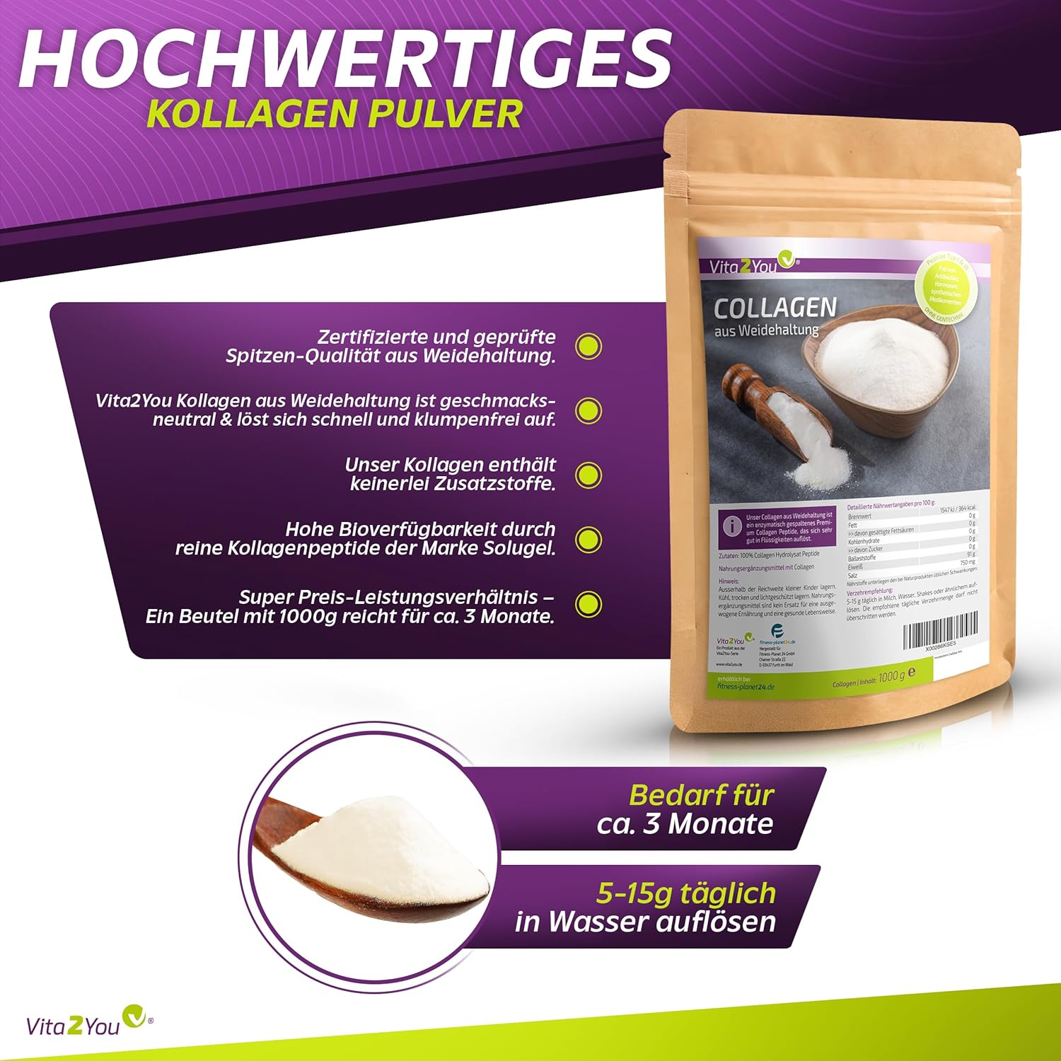 Detalle de Vita2You Collagen Pulver 1kg