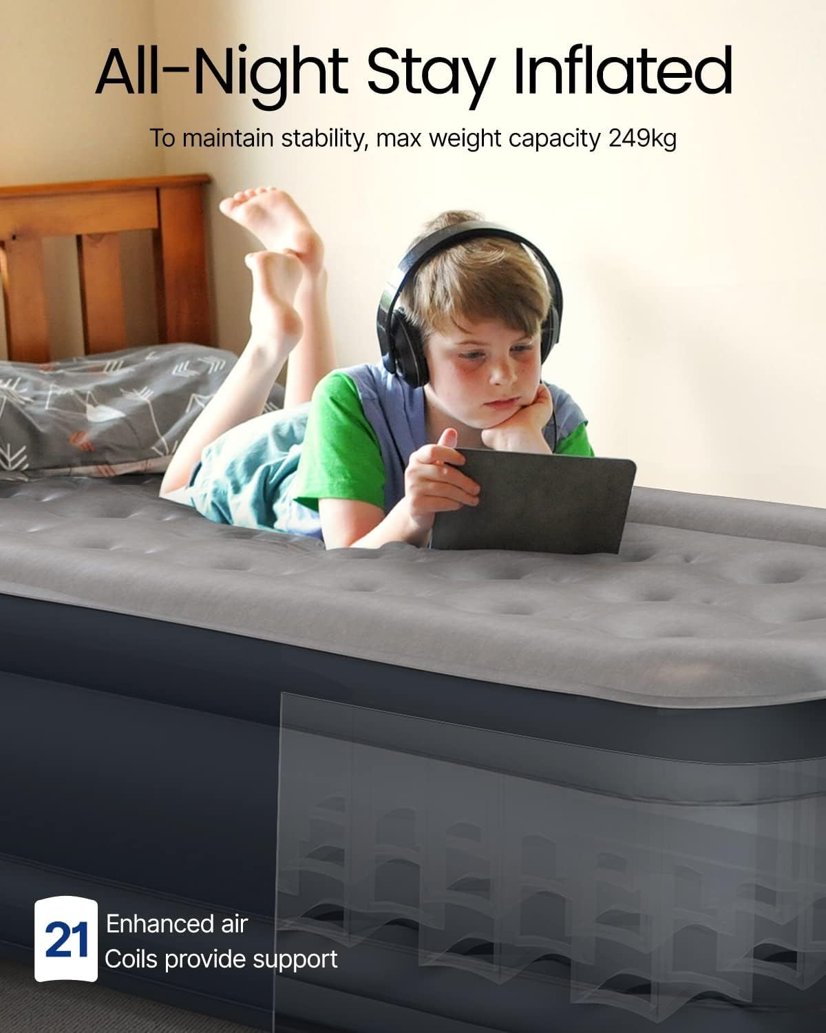 Thumbnail 4 de iDOO Single Air Bed with Built-in Pump: Quick Self-Inflation, 190x100x46 cm