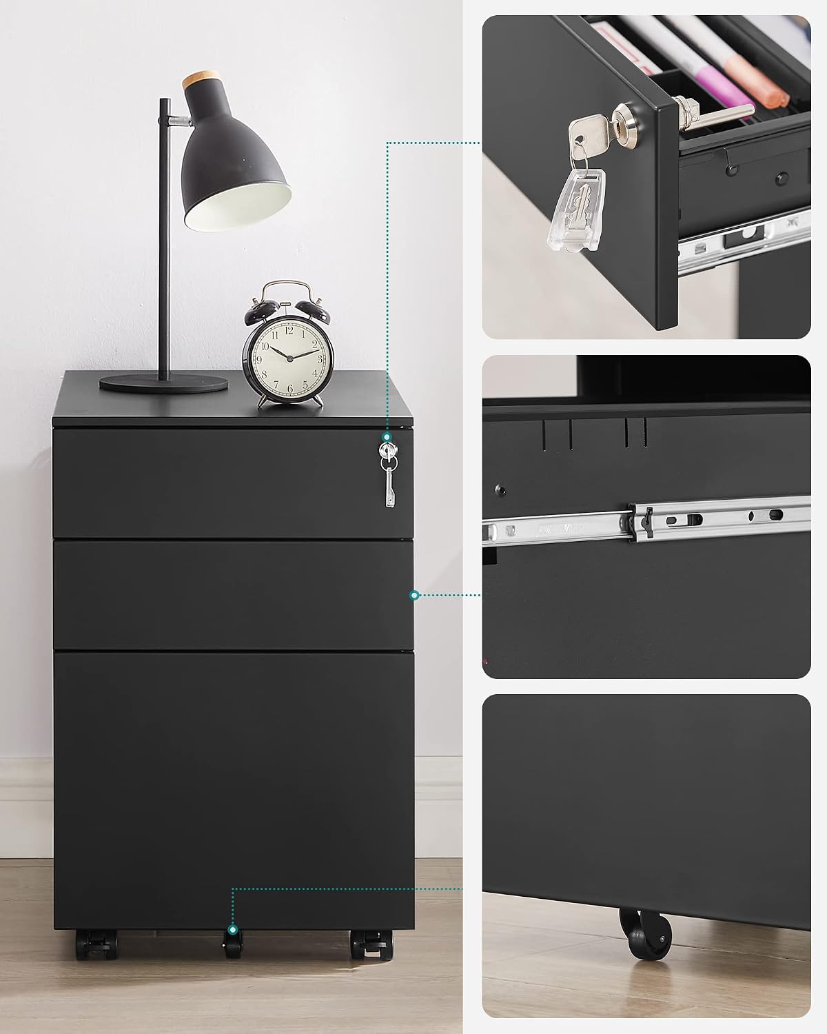 Detalle 1 de SONGMICS BEREND Collection OFC60BK Mobile File Cabinet, Lockable Steel, 3 Drawers