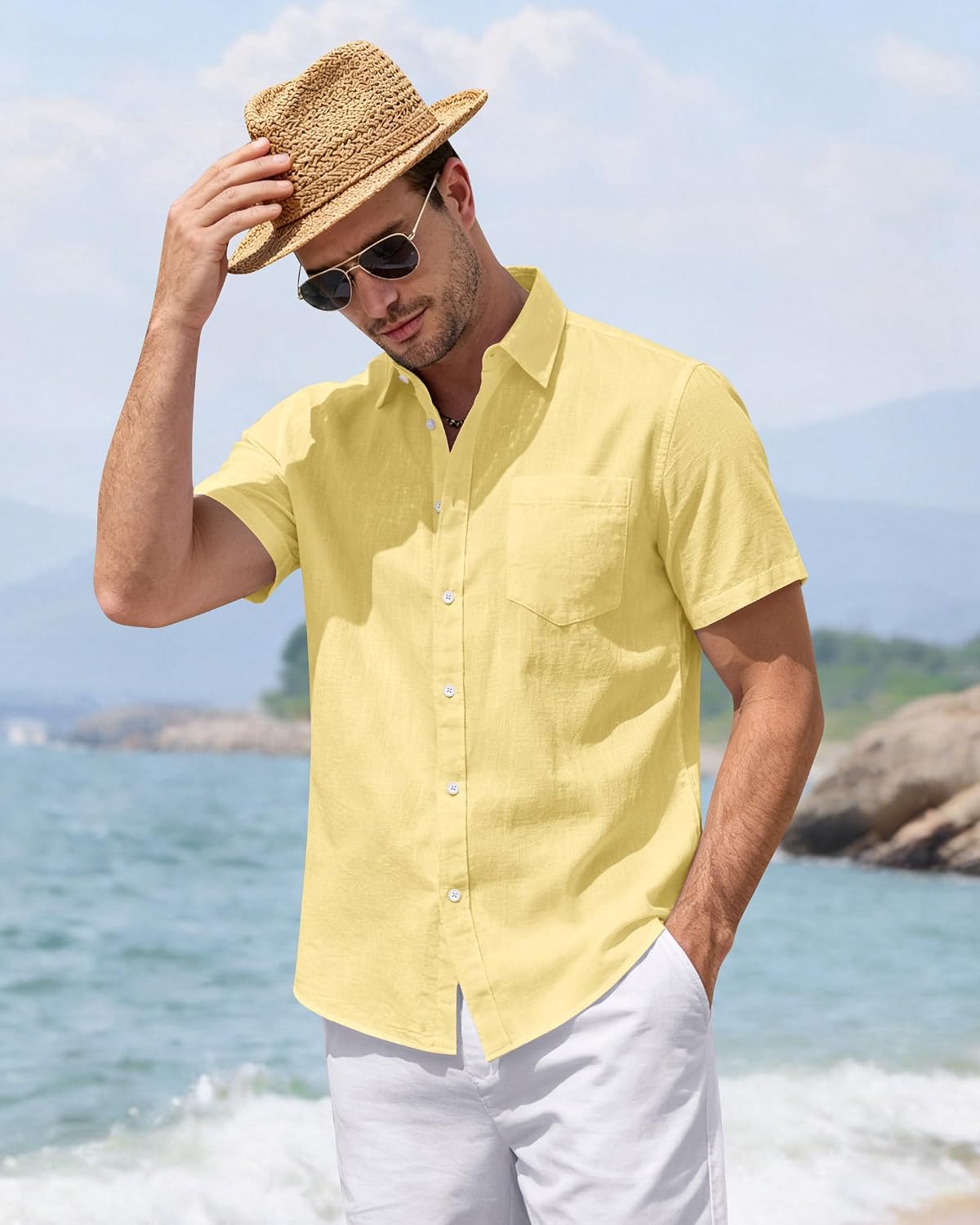 Detalle 2 de J.VER Men's Linen Short Sleeve Shirt with Chest Pocket – Lightweight Cotton Casual Button-Down