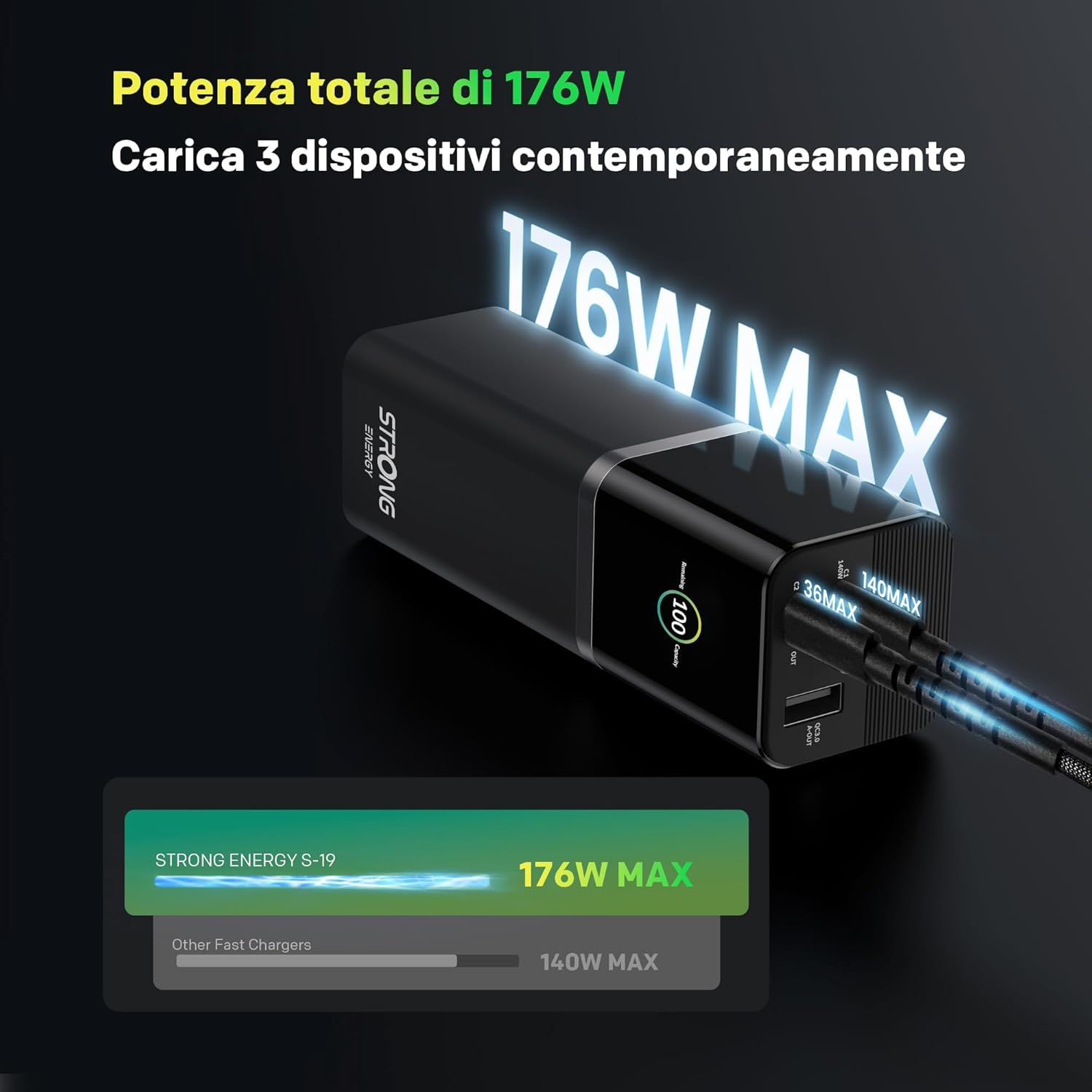 Detalle 2 de Strong S-19 Power Bank Portatile 12000mAh: ricarica ultra-rapida 176W, display TFT e design rugged