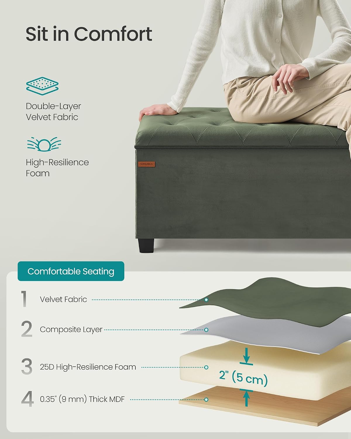 Detalle 1 de SONGMICS Storage Ottoman Bench 43.3 x 15.7 x 15.7 Inches
