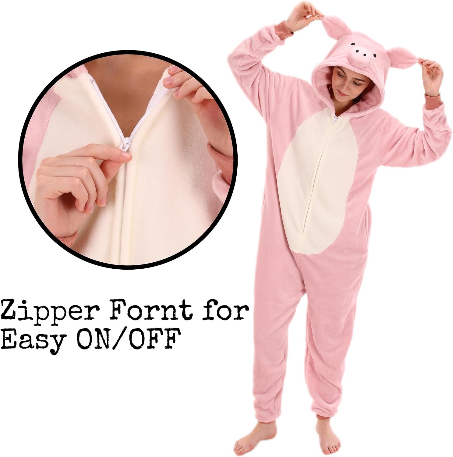 Detalle de AILMQYJL Unisex Adult Pig Onesie Pajamas, Flannel Hooded Costume with Zipper