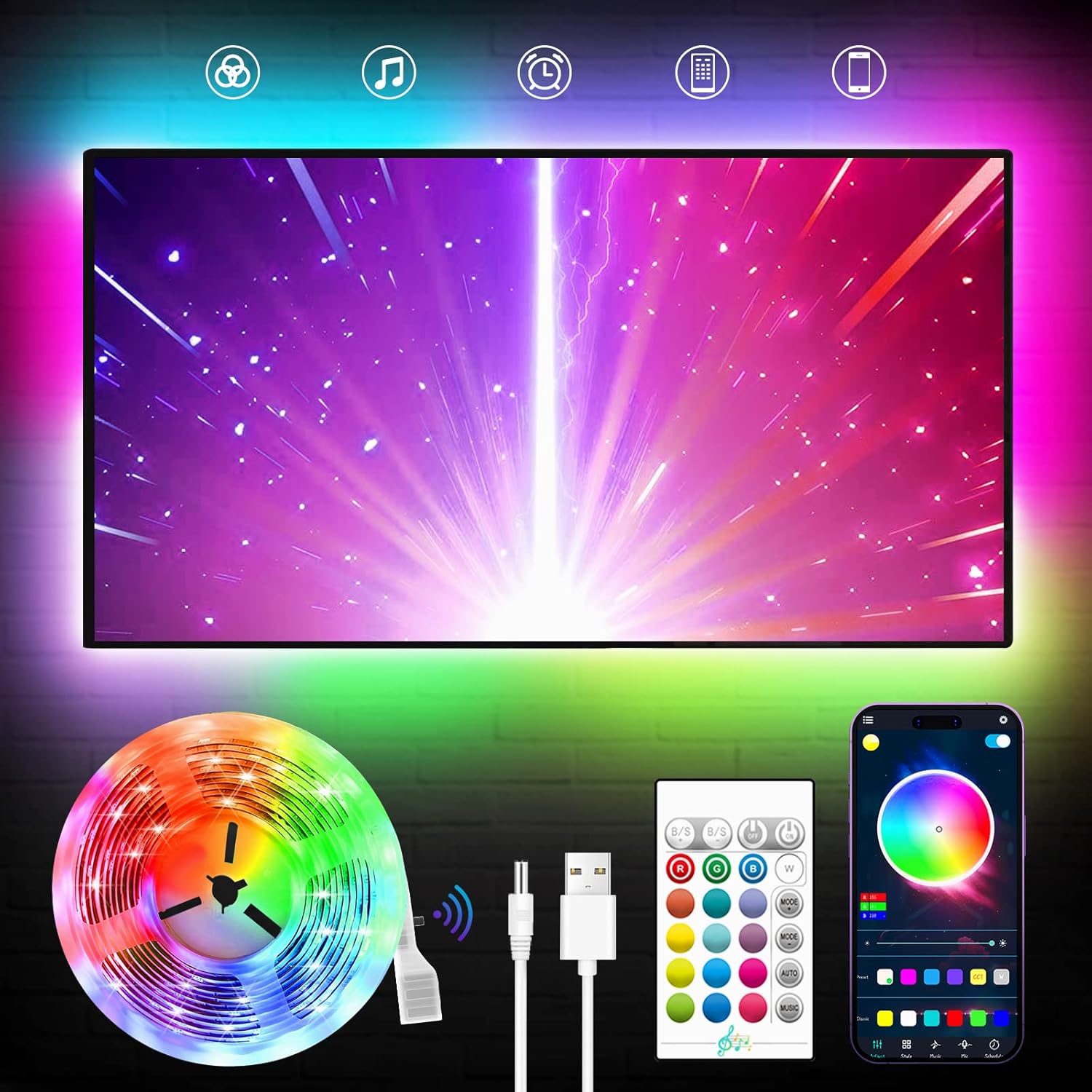 Thumbnail 6 de KANTUTOE LED-TV-Hintergrundbeleuchtung (5 m) mit Musik-Sync, RGB, Bluetooth-App & Fernsteuerung für 45–75 Zoll