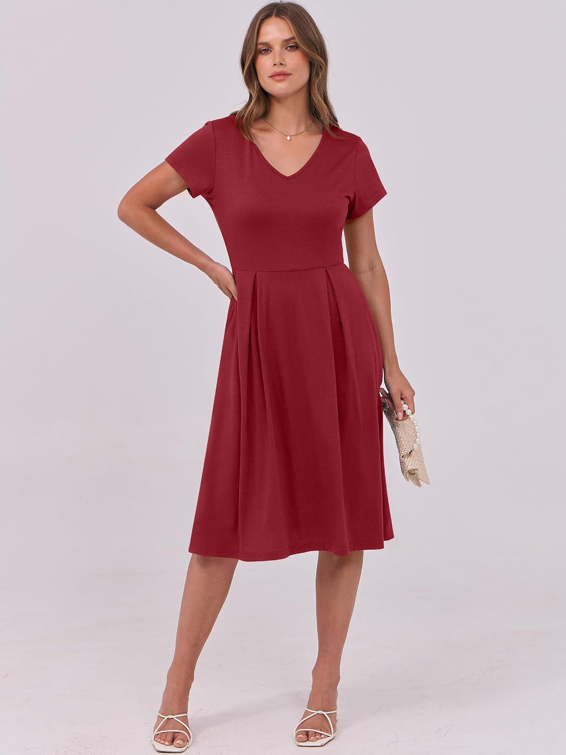 Detalle de ANRABESS Women Summer Dress: V-Neck A-Line Midi with Pocket