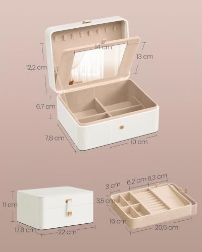 Detalle de SONGMICS Caja Joyero con Espejo GISELLA, 2 Niveles – 17,6 x 22 x 11 cm