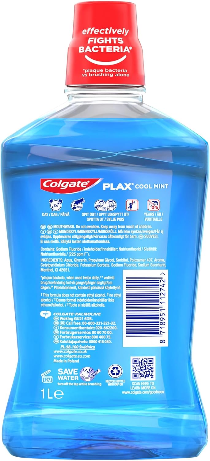 Thumbnail 1 de Colgate Plax Cool Mint Mouthwash 1L – Instant Fresh Breath, No Burn, Plaque Protection