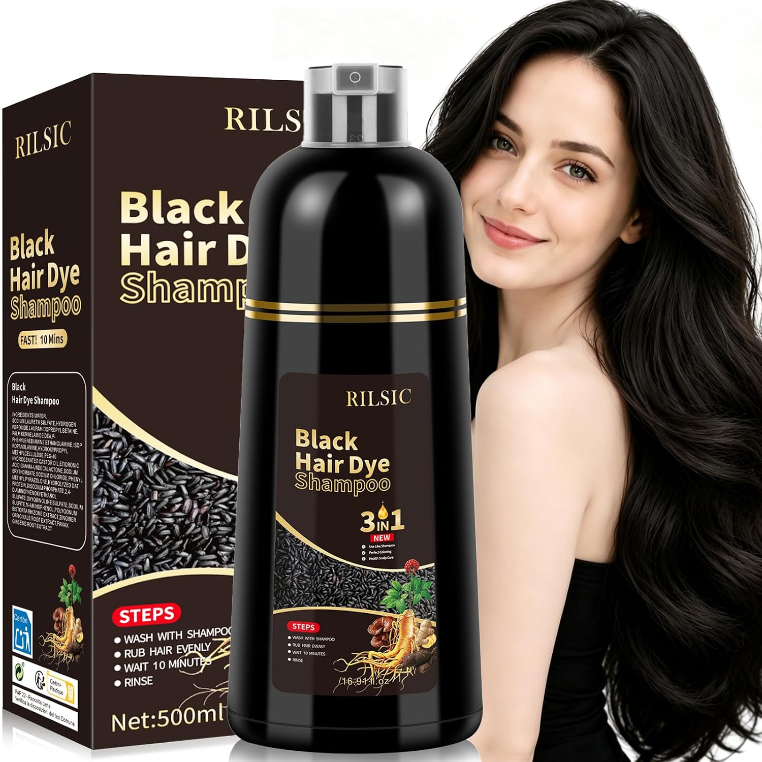 JELMOK Haarfärbeshampoo 3in1 – 500 ml Schwarz, gegen Grauhaar, sofort sichtbar
