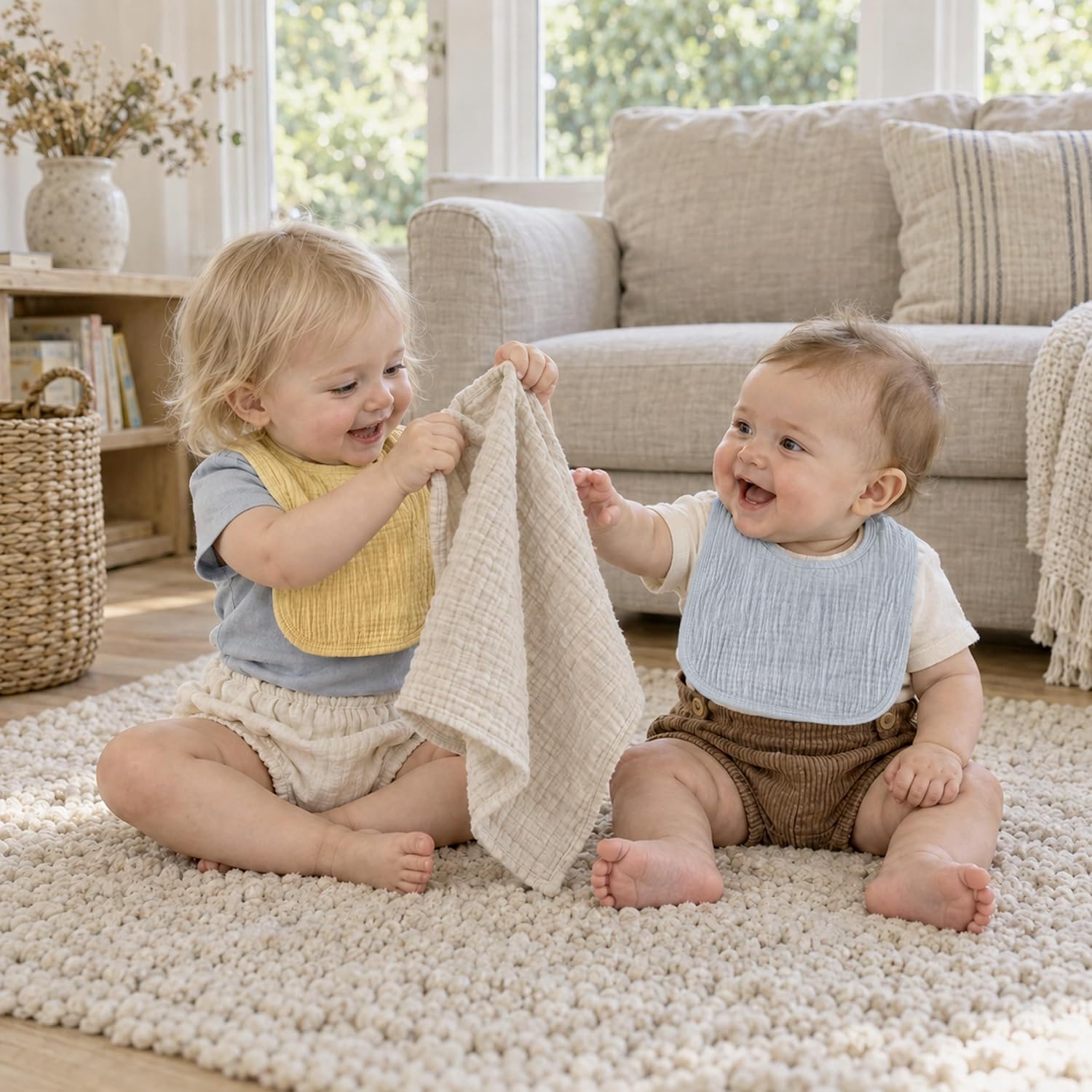 Detalle de GLLQUEN BABY Muslin Bibs, Adjustable 8-Pack with Cotton Front and Fleece Back
