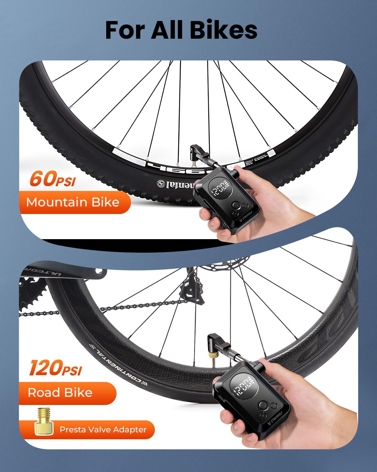 Thumbnail 2 de ETENWOLF S0 Mini Electric Bike Pump with Gauge, 150 PSI Auto Stop