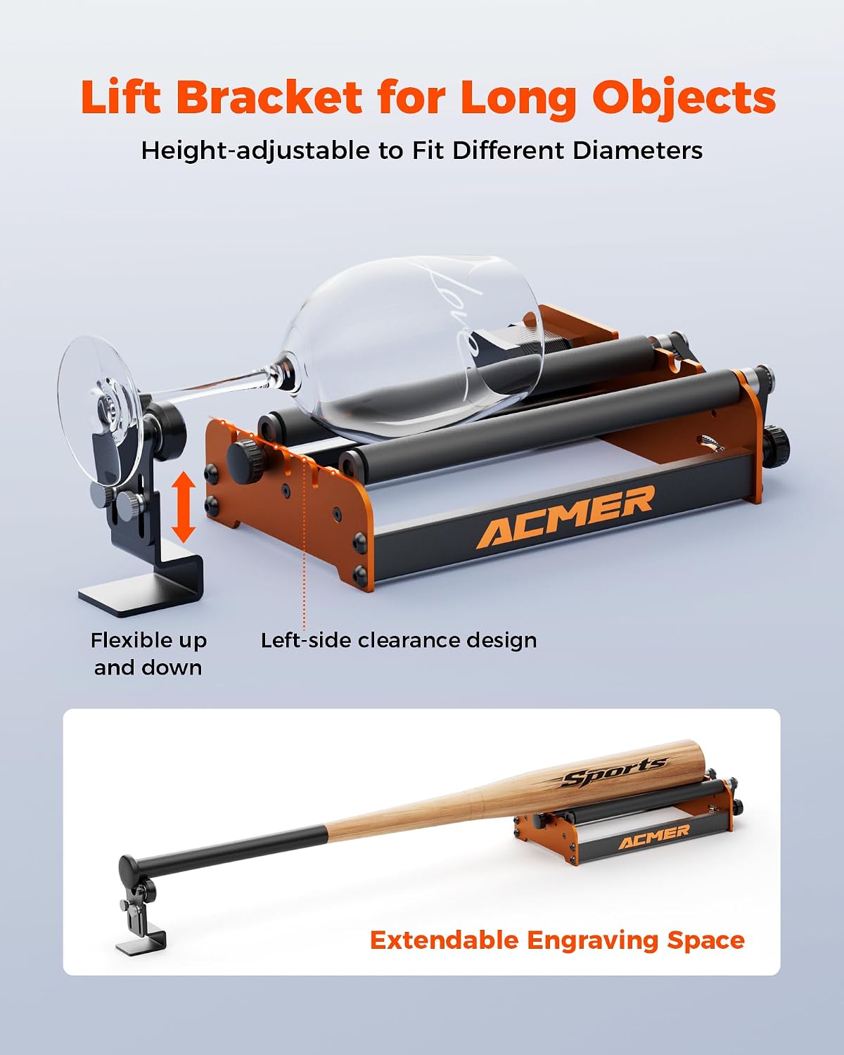 Detalle de ACMER M2 Rotary Roller for Laser Engravers: 360° Y-axis Rotary Module for Cylindrical Objects