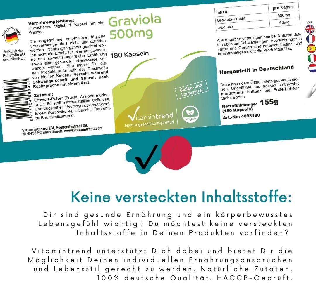 Detalle de Graviola hochdosiert 500 mg – 180 Kapseln | Veganes Nahrungsergänzungsmittel aus Graviola-Frucht