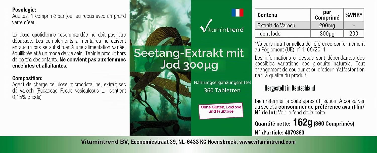 Detalle 2 de Vitamintrend Kelp Extrakt mit 300 µg Jod – vegan, 360 Tabletten, hergestellt in Deutschland