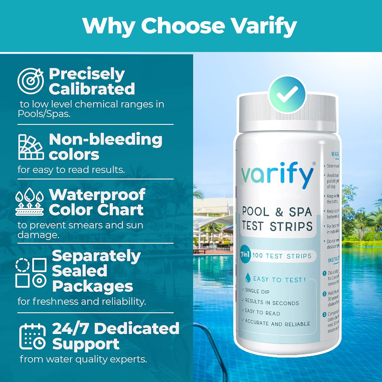 Thumbnail 3 de VARIFY 7 in 1 Pool and Spa Test Strips (100 strips) for chlorine, bromine, pH and more