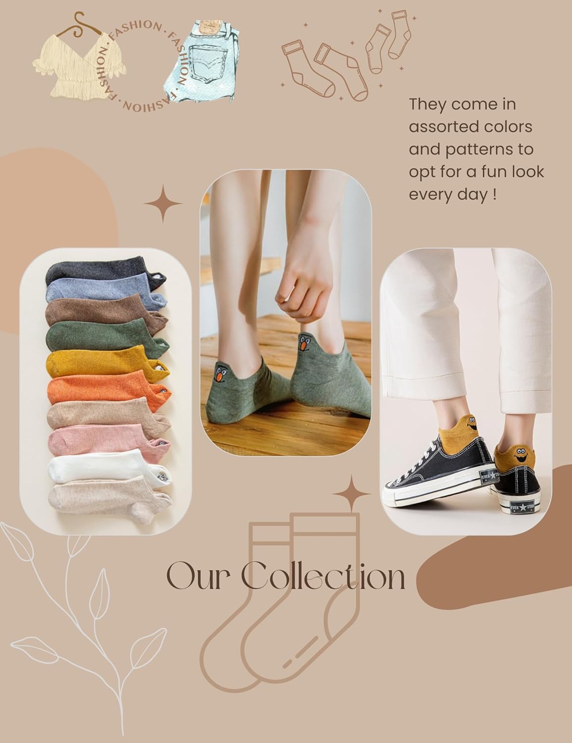 Thumbnail 4 de Sporzin Sneaker-Socken für Damen (2 Größen: 35–38 & 39–42) – 10 Paar bunte Baumwoll-Sneaker-Socken mit Stickerei