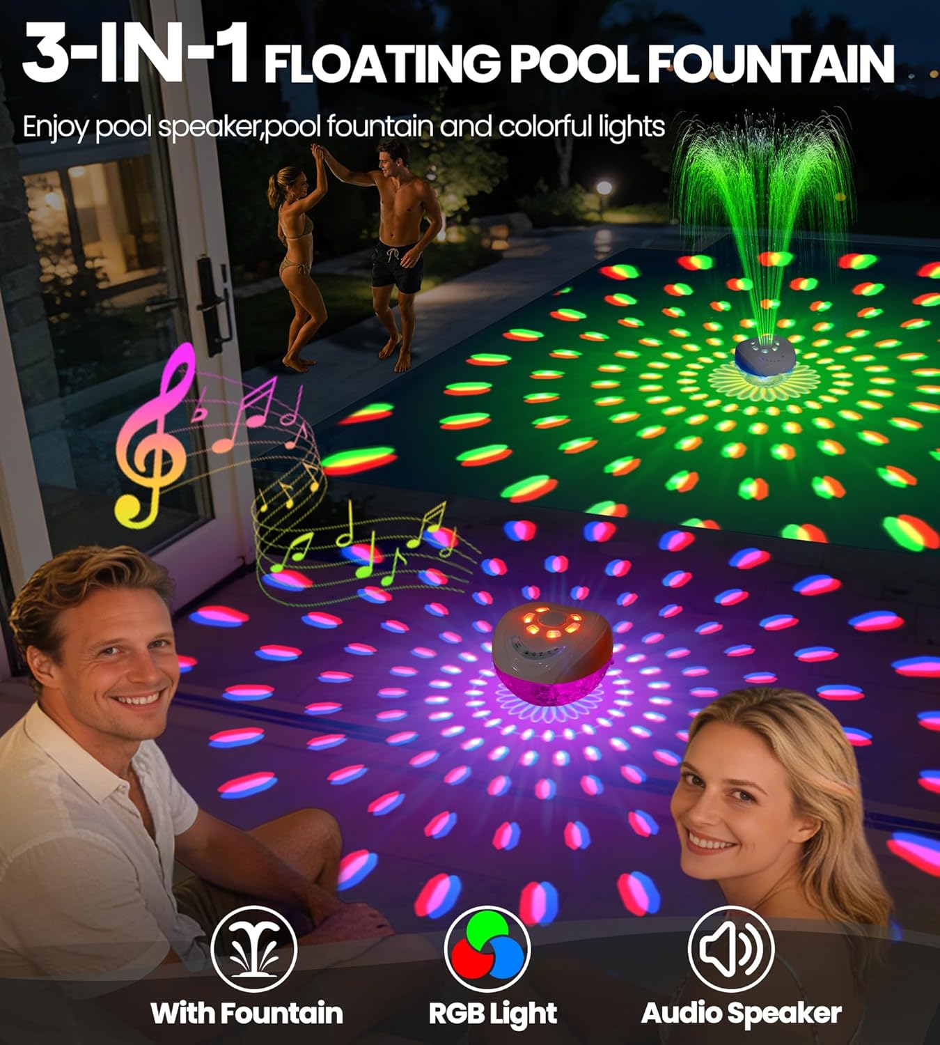 Detalle de Luxfero 3-in-1 Pool-Lautsprecher mit Springbrunnen, Licht und Bluetooth – IP68 Schwimmbox