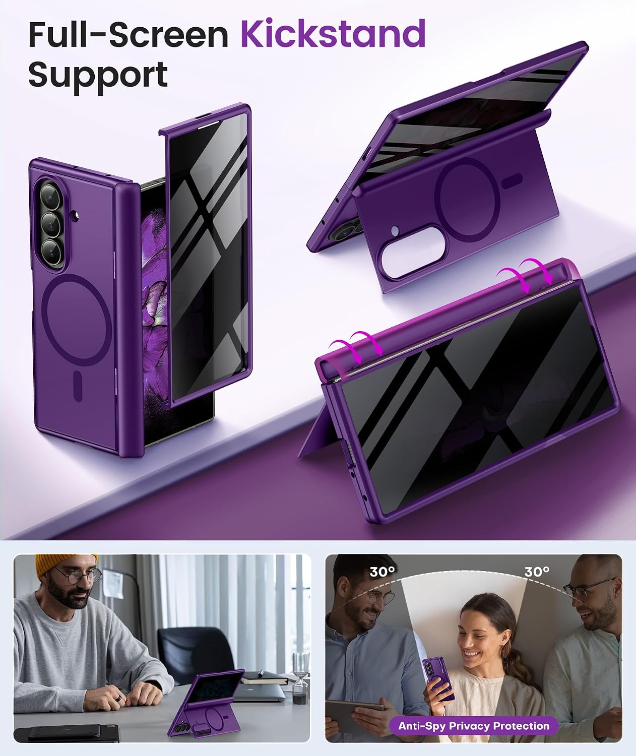 Detalle 2 de BERFY Z Fold 7 Case with Privacy Screen Protector, Hidden Kickstand & MagSafe Compatibility (Purple)