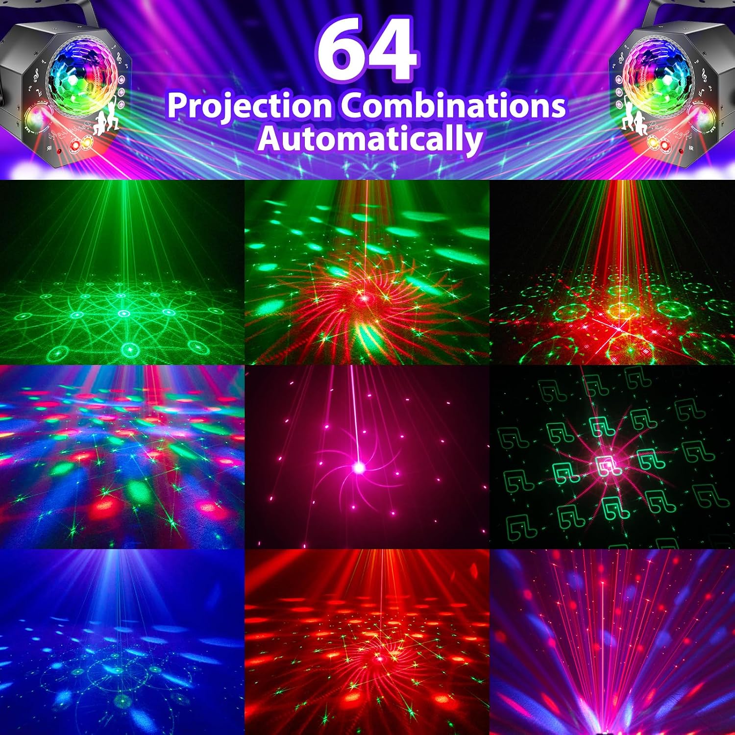 Detalle 2 de Hjh 4-in-1 Discokugel mit Motor und Licht: 64 Muster, Musikgesteuert, Fernbedienung, RGB UV Stroboskop