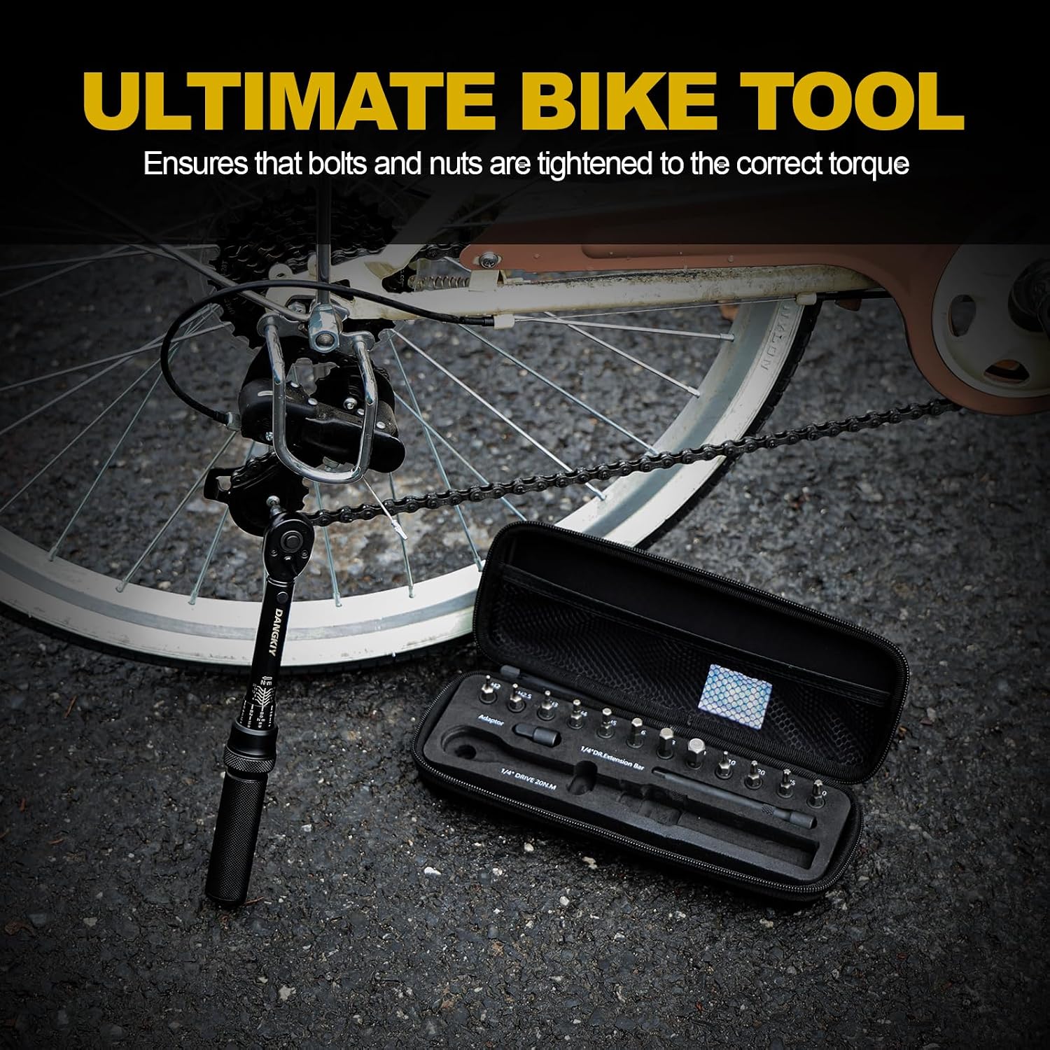 Detalle de DANGKIY Drehmomentschlüssel Fahrrad 1/4 Zoll – 15-teiliges Set mit Innensechskant, Torx Bits und Verlängerungsstange (2–20 Nm)