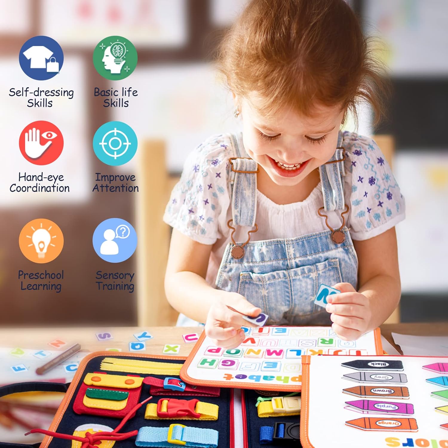 Thumbnail 6 de Achiyway Busy Board Montessori Bébé 1-4 Ans – Planche d’activités éducatives avec Alphabet anglais et chiffres
