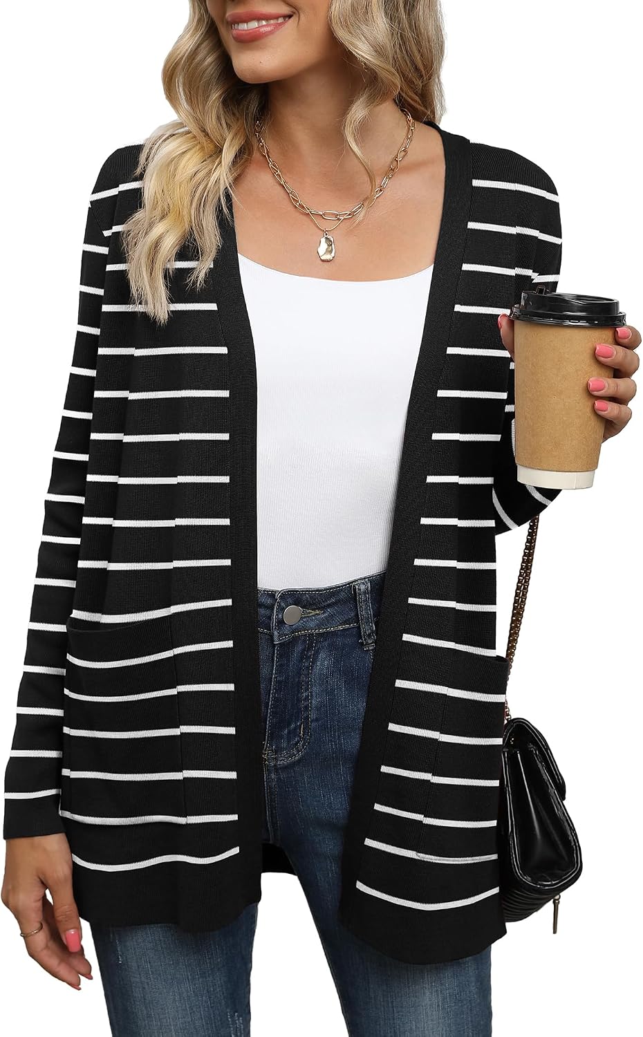 Thumbnail 5 de Yommay Damen-Strickjacke mit offenen Vorderseite, Taschen und V-Ausschnitt (Viskose)