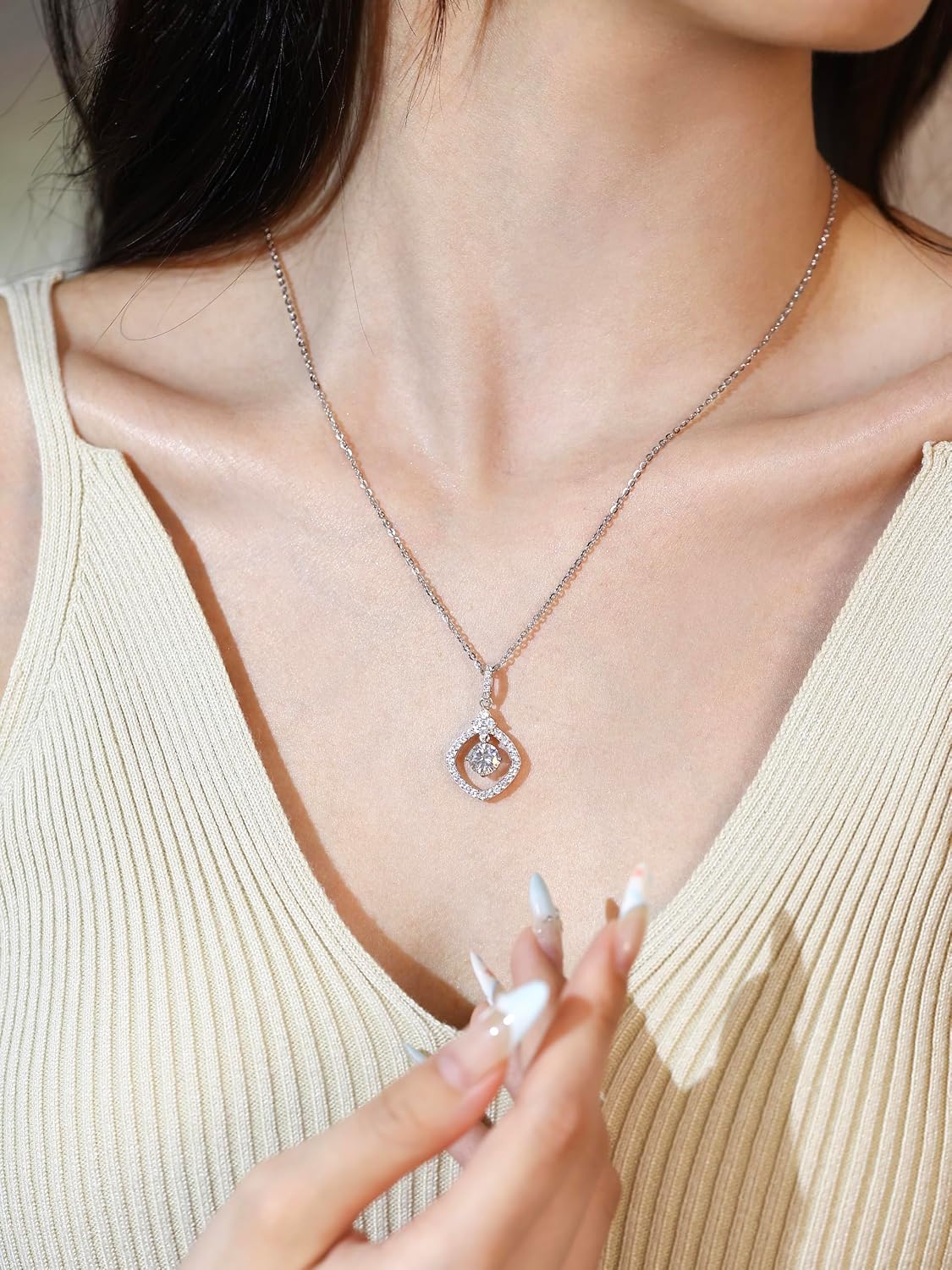 Thumbnail 2 de FANCIME Moissanite Kette mit 1 Karat Moissanit-Halo Anhänger (925 Sterling Silber), 40+5 cm