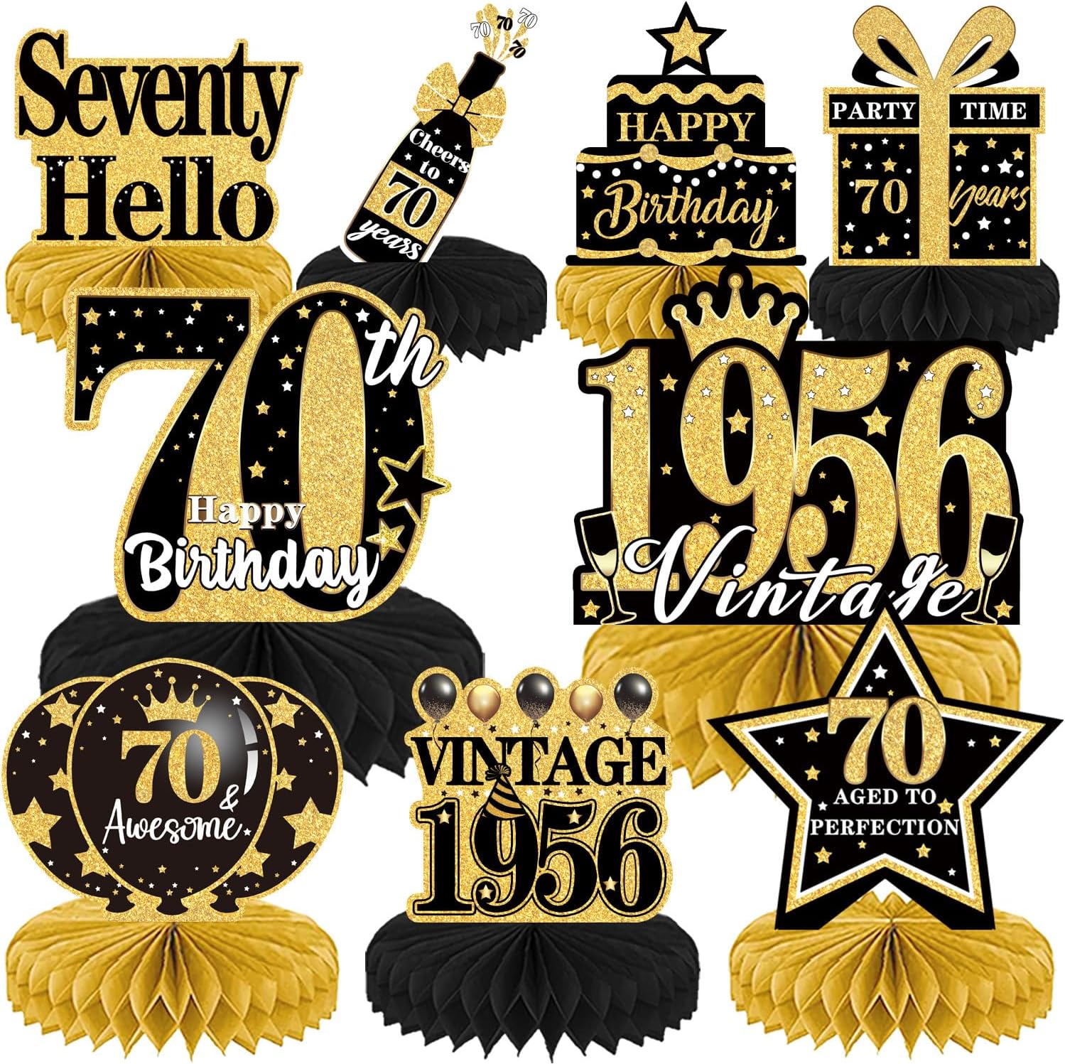 Detalle de Luvart 70th Birthday Decorations – Black and Gold Table Decorations (9pcs) with Vintage Honeycomb Centerpieces