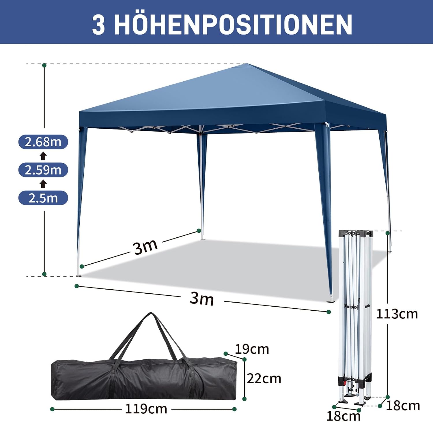 Thumbnail 3 de LEADZM Pop-up Faltpavillon 3x3 m mit UV-Schutz 50+ und höhenverstellbarem Stahlrahmen
