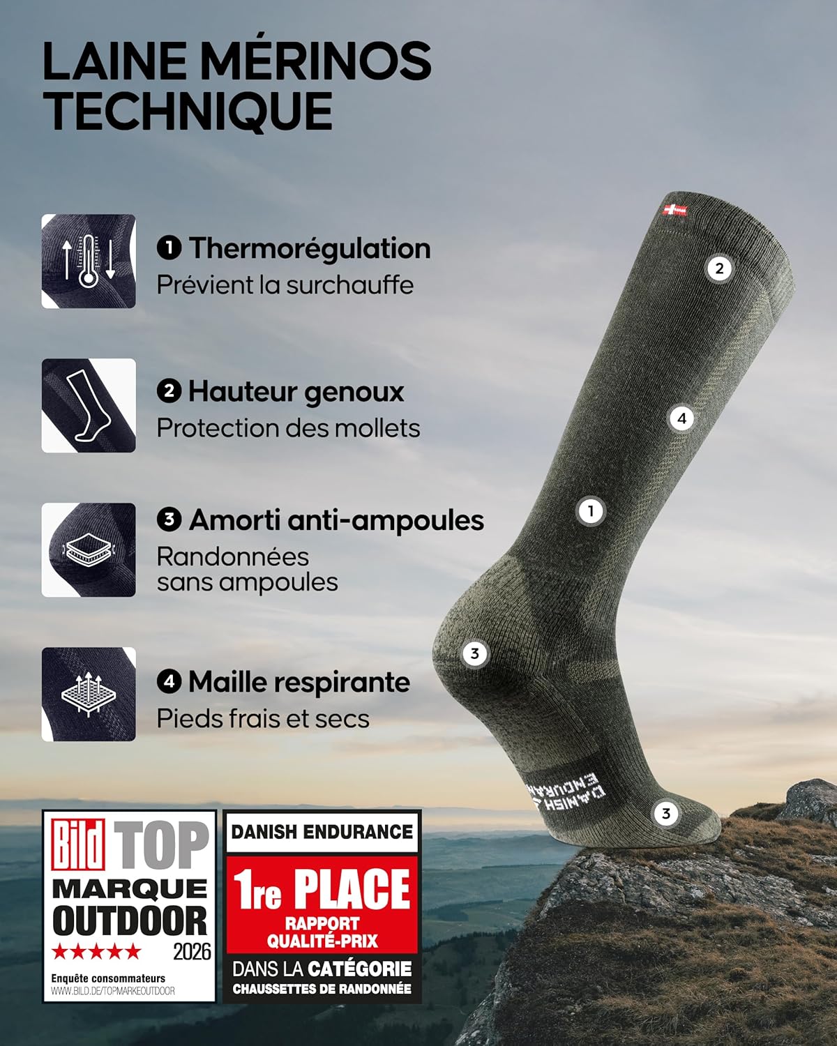 Thumbnail 1 de DANISH ENDURANCE Chaussettes de randonnée en laine mérinos montantes thermiques (unisex)