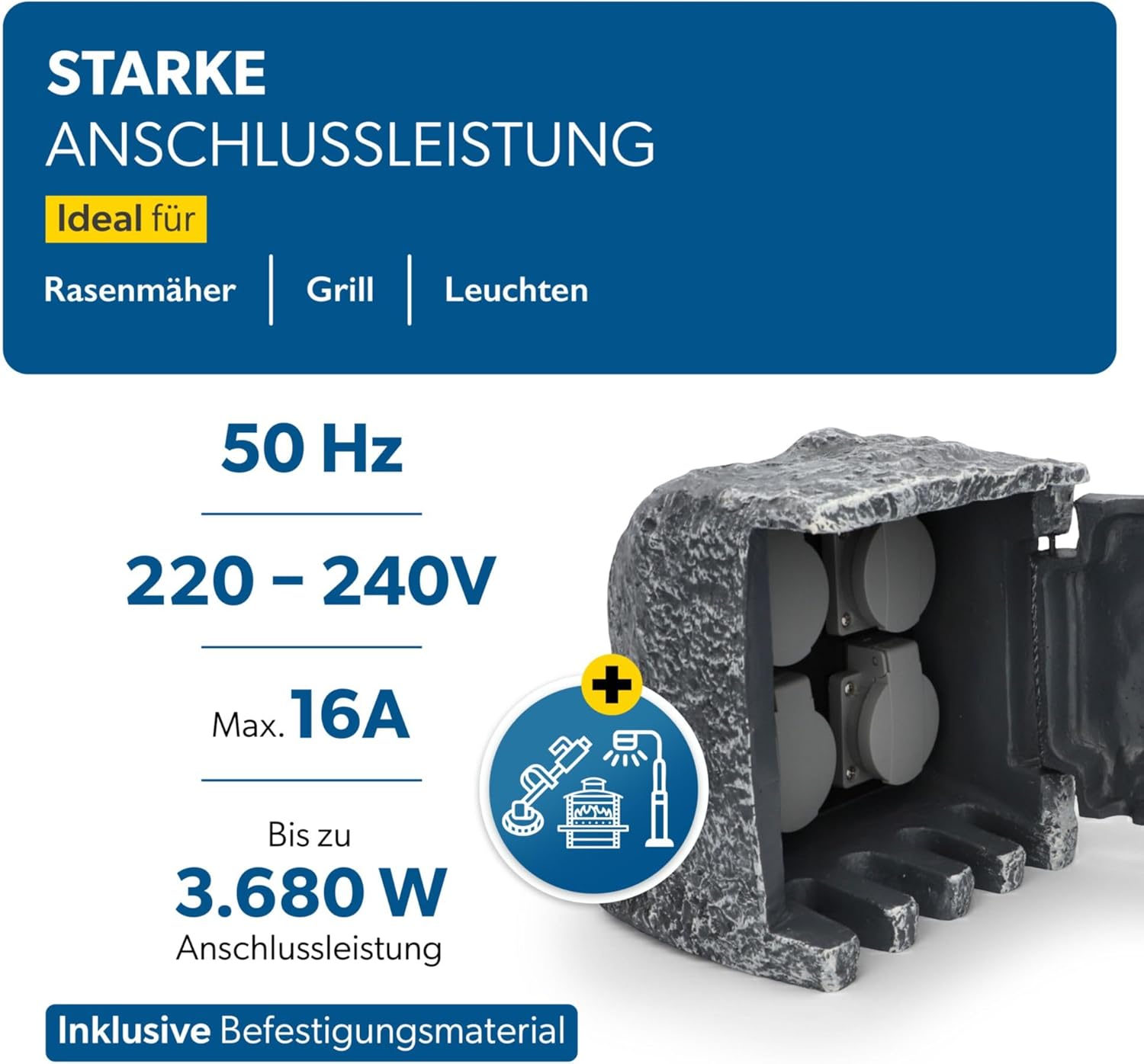 Thumbnail 4 de UNITEC Steckdosenverteiler Garten Steinoptik – 4 Steckdosen, IP44, Außensteckdose