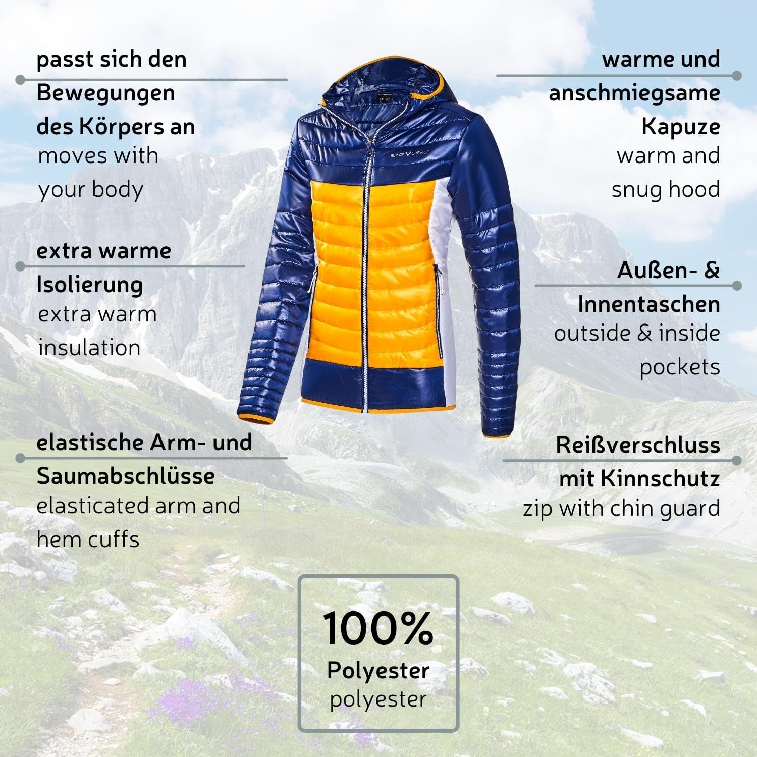 Detalle de Black Crevice: Giacca isolante da donna, leggera, idrorepellente e antivento per outdoor