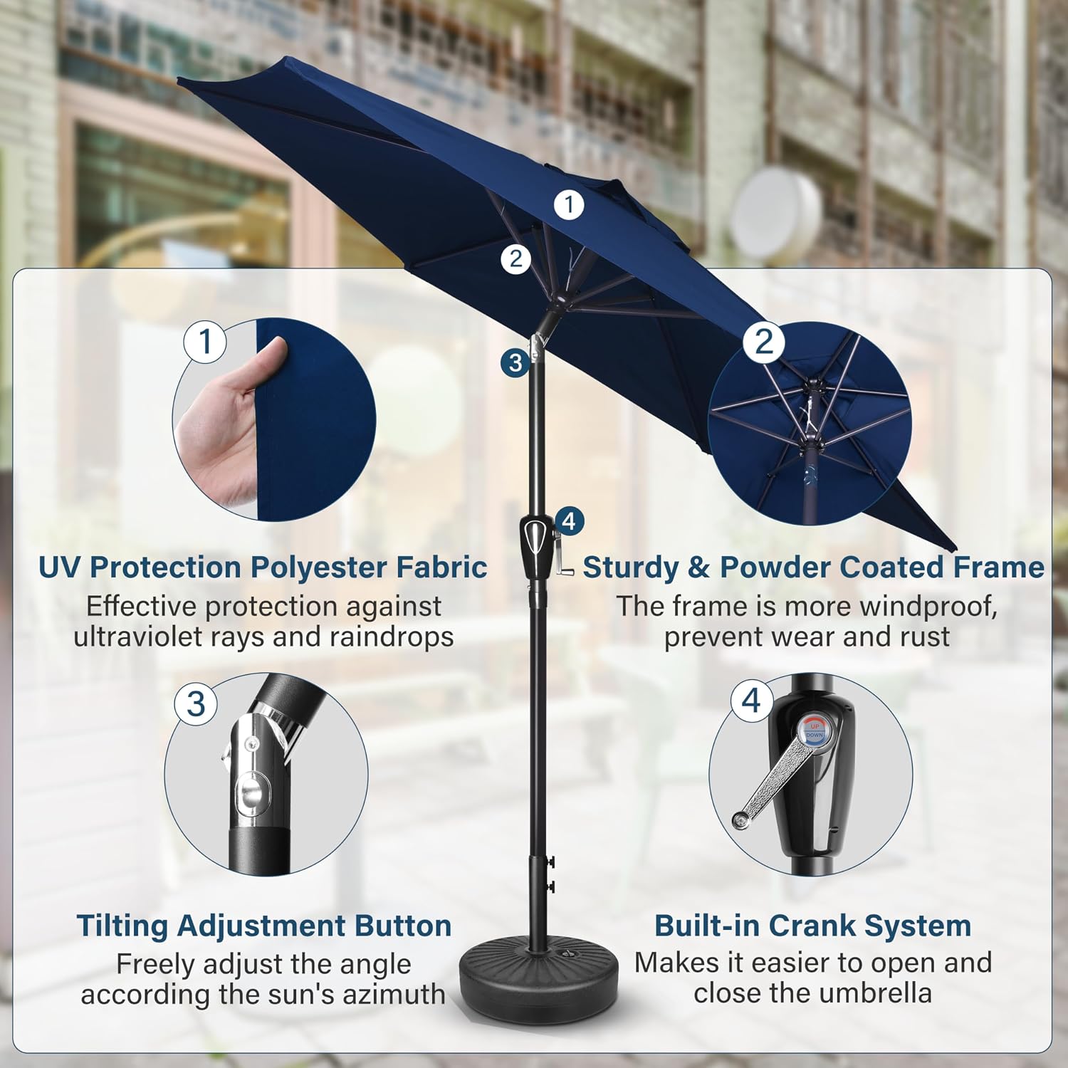 Detalle de Simple Deluxe 2.28M Patio Umbrella: Durable 6-Rib Outdoor Market Table Shade with Push Button Tilt/Crank in Dark Blue