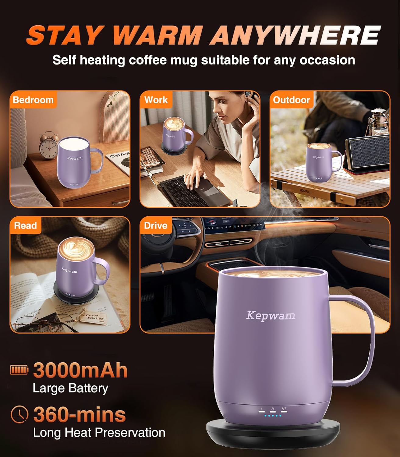 Thumbnail 3 de Kepwam Self Heating Coffee Mug T2 16oz, 150‑Min Battery