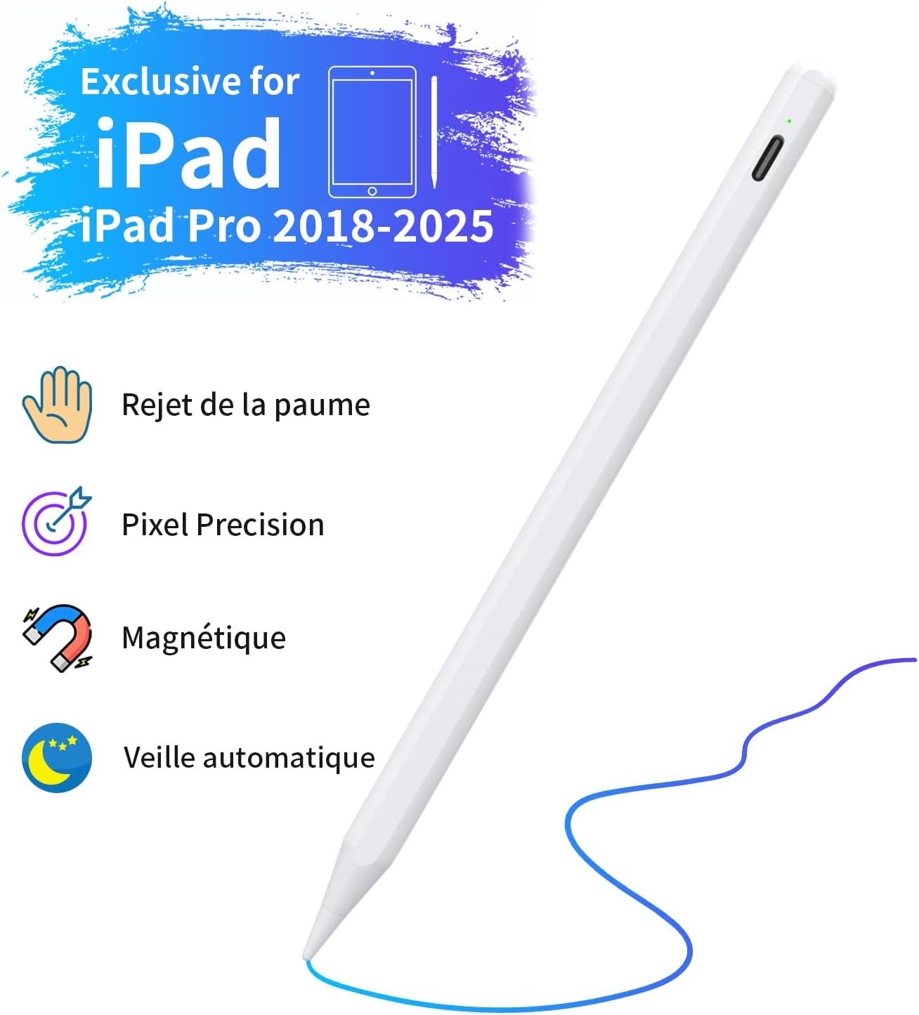 Detalle de Stylet pour iPad 2018-2026 — Crayon Haute Précision avec Rejet de la Paume et Autonomie 15 h