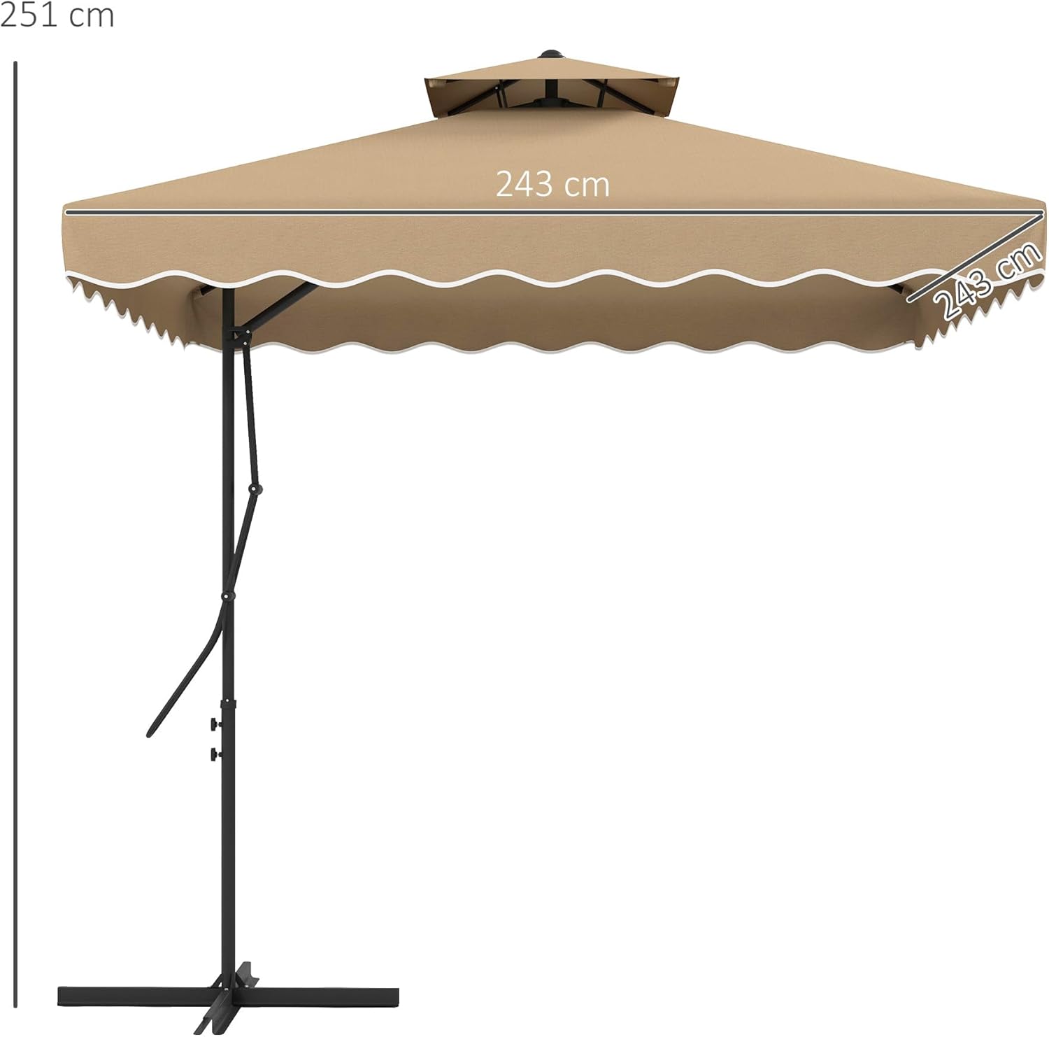 Thumbnail 6 de Outsunny Parasol déporté carré avec double toit et lambrequin, pied en croix (kaki)