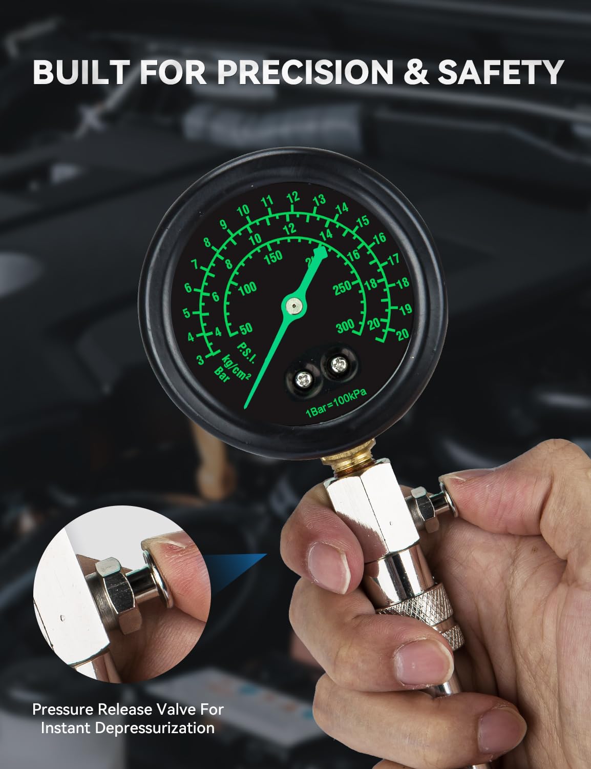 Detalle 2 de AUTOWN Professional Compression Tester Kit with Fluorescent Gauge – 300 PSI Triple-Scale