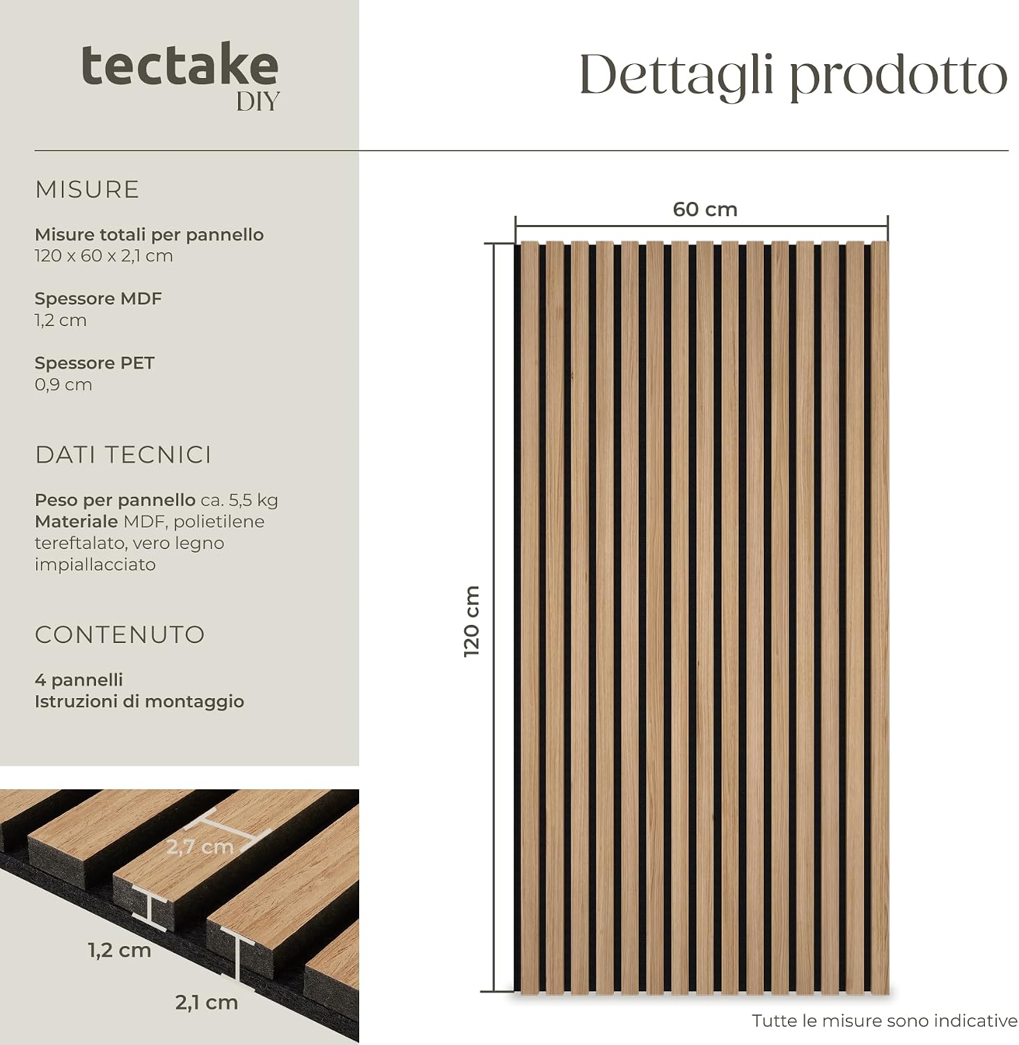 Detalle de tectake Set di 4 Pannelli Acustici Effetto Legno: design moderno e assorbimento elevato