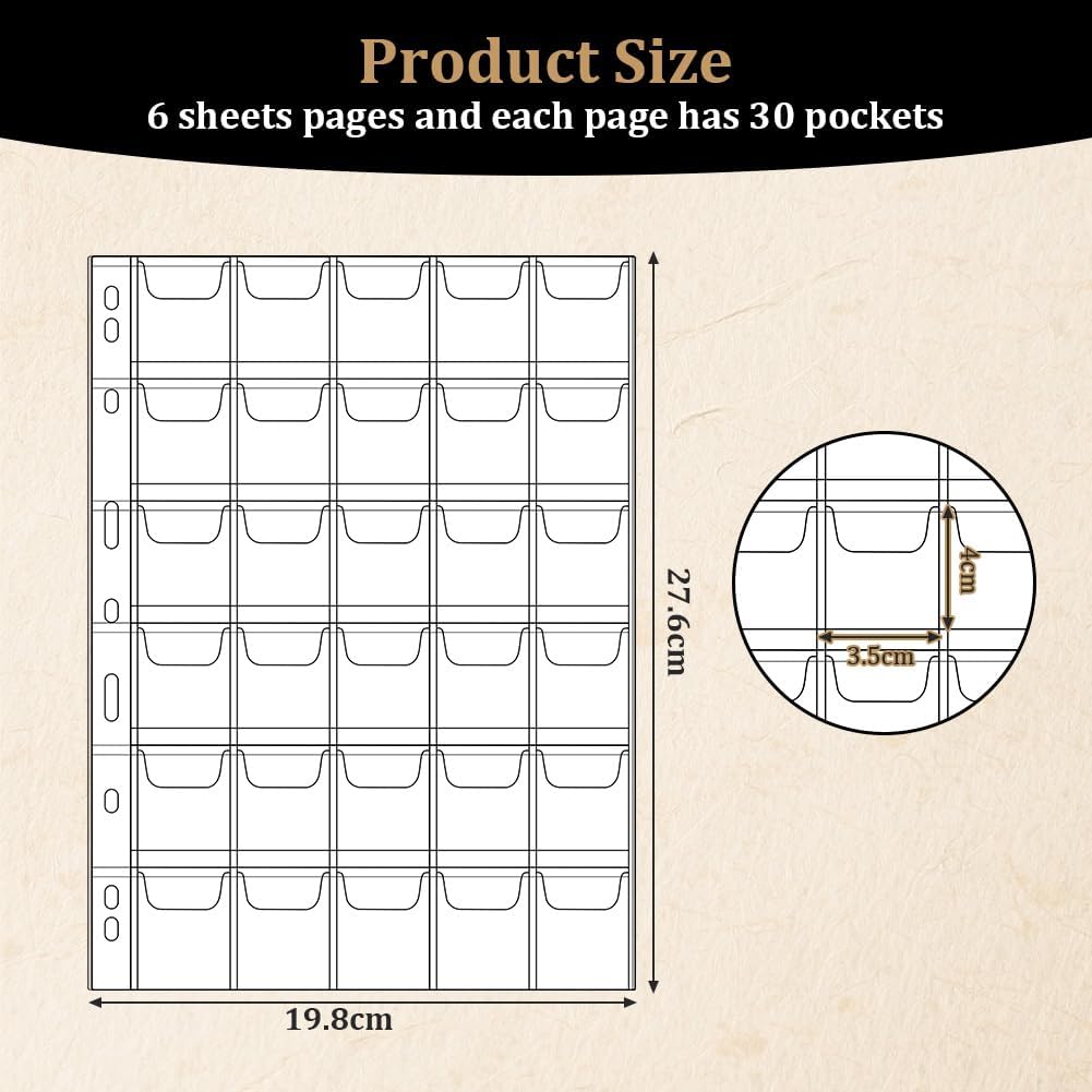 Detalle de Vicloon: pagina di rilegatura per monete, set da 6 fogli con tasche 12/30, PVC trasparente