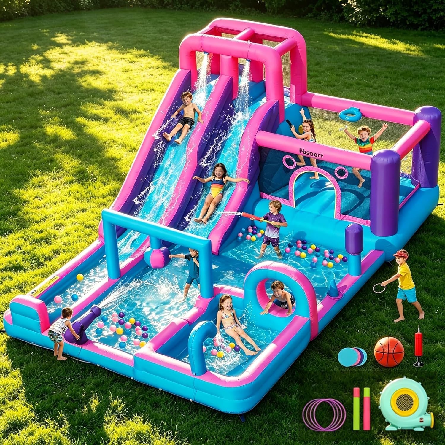 Detalle de FBSPORT Inflatable Bounce House with Double Water Slides and 750W Blower