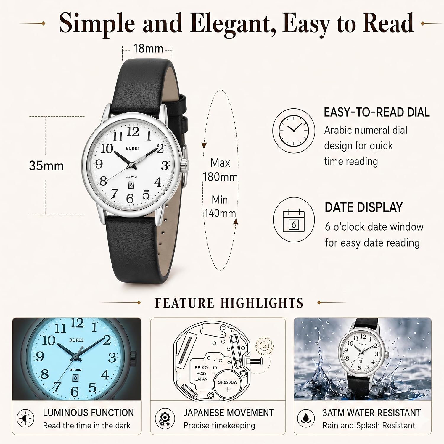 Detalle de BUREI Orologio da donna in pelle nera con luminoso – stile minimalista, leggibilità istantanea e comfort quotidiano